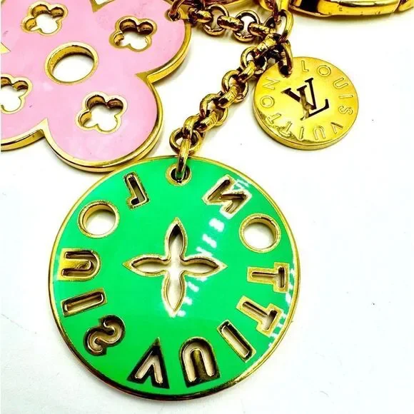 Auth Louis Vuitton Goldtone Key Ring Purse Accent Pink Green Preloved Bag Charm